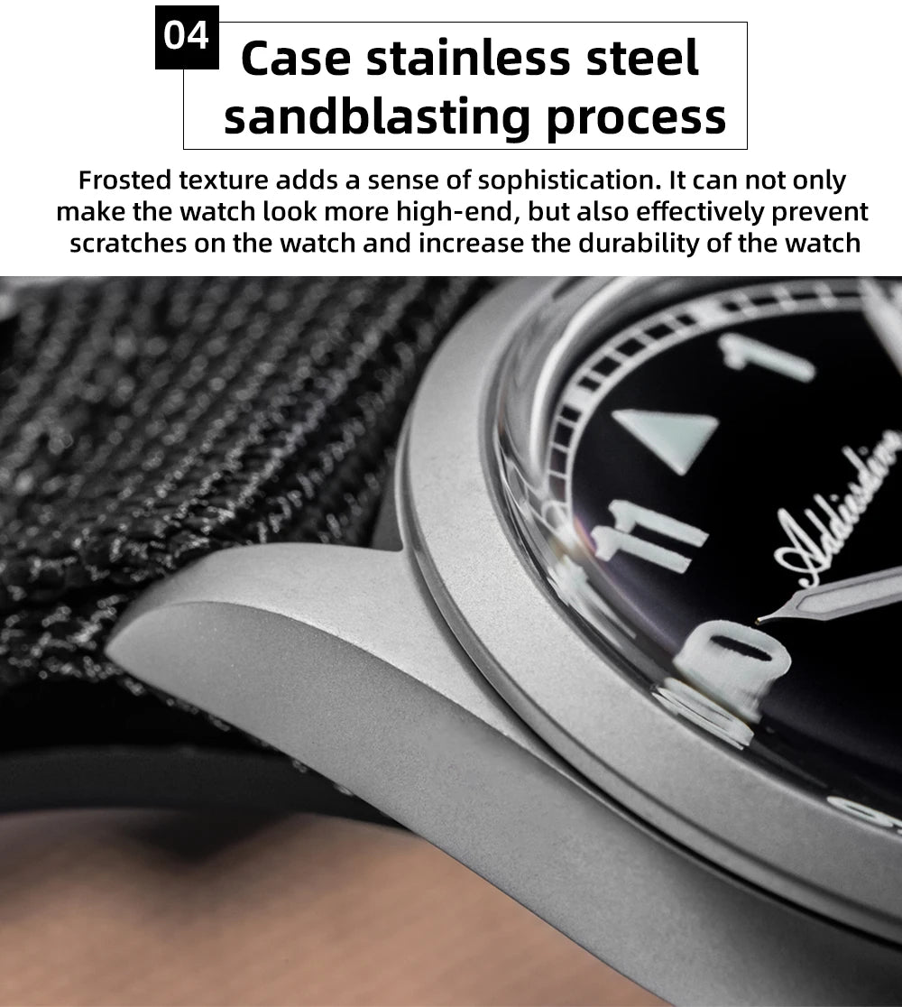 Relógio analógico masculino ADDIESDIVE 36mm com vidro espelhado bolha, 100m à prova de água, luminoso, simples, em quartzo, com bracelete em nylon