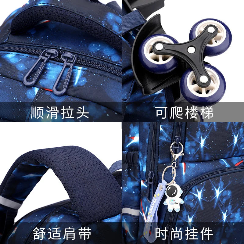 Mochila com Rodas Fortnite Anime, Impermeável, de Grande Capacidade, para Estudante — Saco Escolar Casual de Viagem com Carrinho e Subida Fácil de Escadas