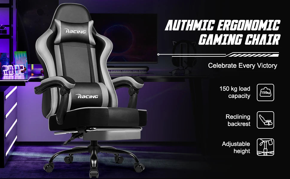AUTHMIC Ergonomic Gaming Chair with 170° Reclining Backrest, Foldable Footrest, Soft Armrests, Supports 150kg, Breathable Material