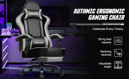 AUTHMIC Ergonomic Gaming Chair with 170° Reclining Backrest, Foldable Footrest, Soft Armrests, Supports 150kg, Breathable Material