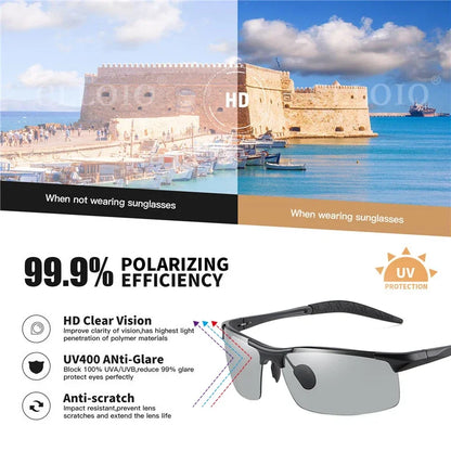CLLOIO Aluminum Rimless Photochromic Sunglasses Men Polarized Driving Chameleon Anti-Glare Glasses Travel Fishing Goggle UV400
