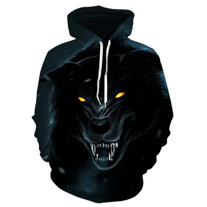 3D Wolf Pattern Printed Hooded Sweatshirt Fashion And Casual Men's Oversized Pullover Harajuku Street Design Hooded Sweatshirt