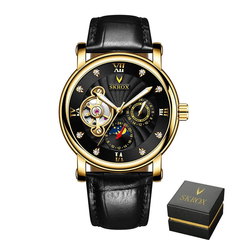 Reloj mecánico automático de lujo para hombre, de una marca de prestigio, con tourbillon, fase lunar y diamantes: un elegante reloj de pulsera.