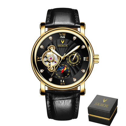 Reloj mecánico automático de lujo para hombre, de una marca de prestigio, con tourbillon, fase lunar y diamantes: un elegante reloj de pulsera.