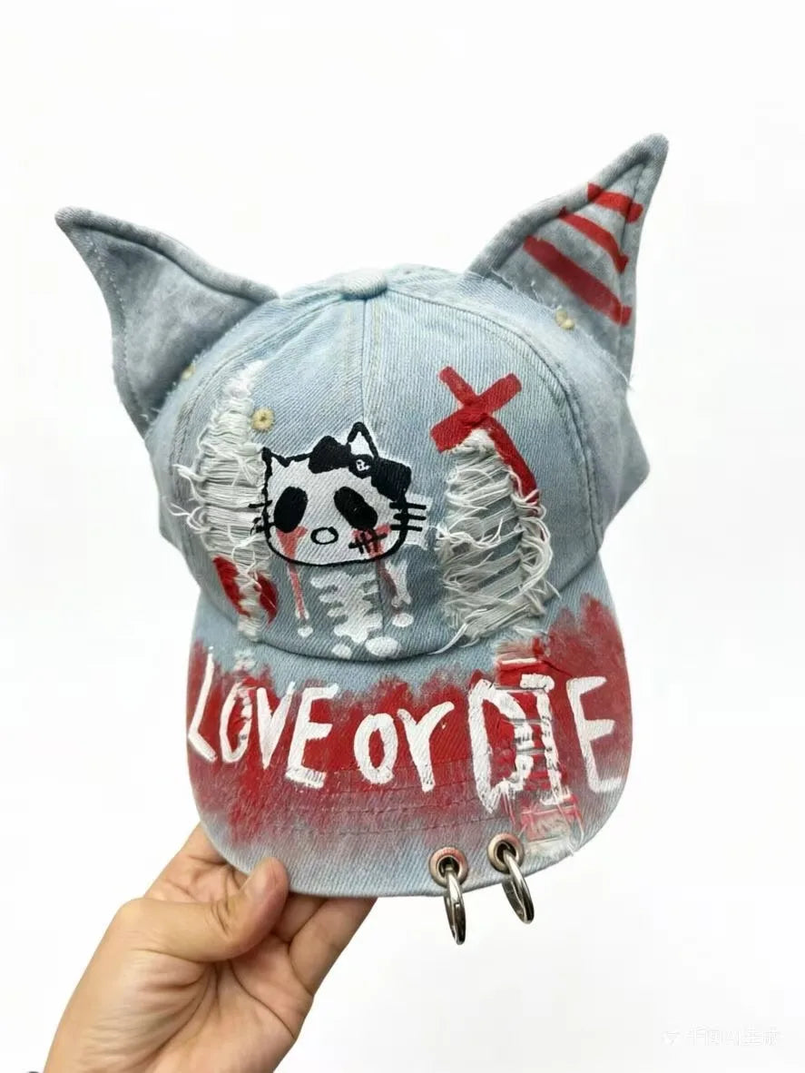 Celebrity-Inspired Niche Rabbit Ear Denim Ripped Baseball Cap Washed Graffiti Hip-Hop Sun Hat Trendy Cap
