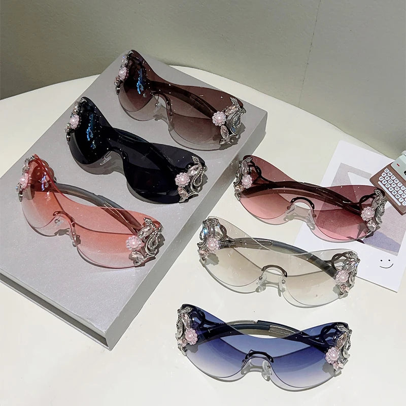 KAMMPT Rimless Y2k Sunglasses with Rhinestones Women Fashion Monoblock Outdoor Decor Shades Trendy Design Gradient Sun Glasses