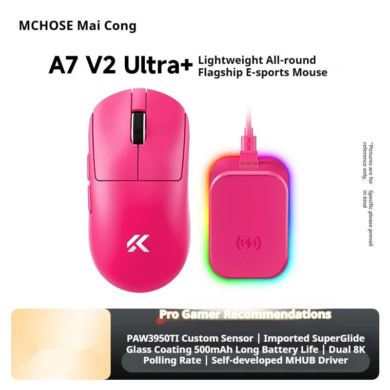Ratón inalámbrico MCHOSE A7 V2 Ultra+ trimodo ligero Paw3950 Ti 42000dpi 500mah para PC, esports, portátil y gaming, accesorios para ratones