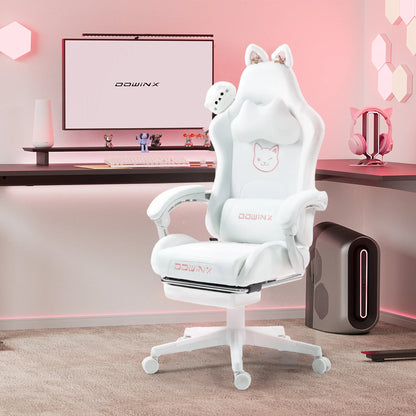Cadeira Gaming Kawaii Cor-de-Rosa com Orelhas de Gato, Apoio para os Pés, Encosto Alto Ergonómico e Apoio Lombar com Pata de Gato
