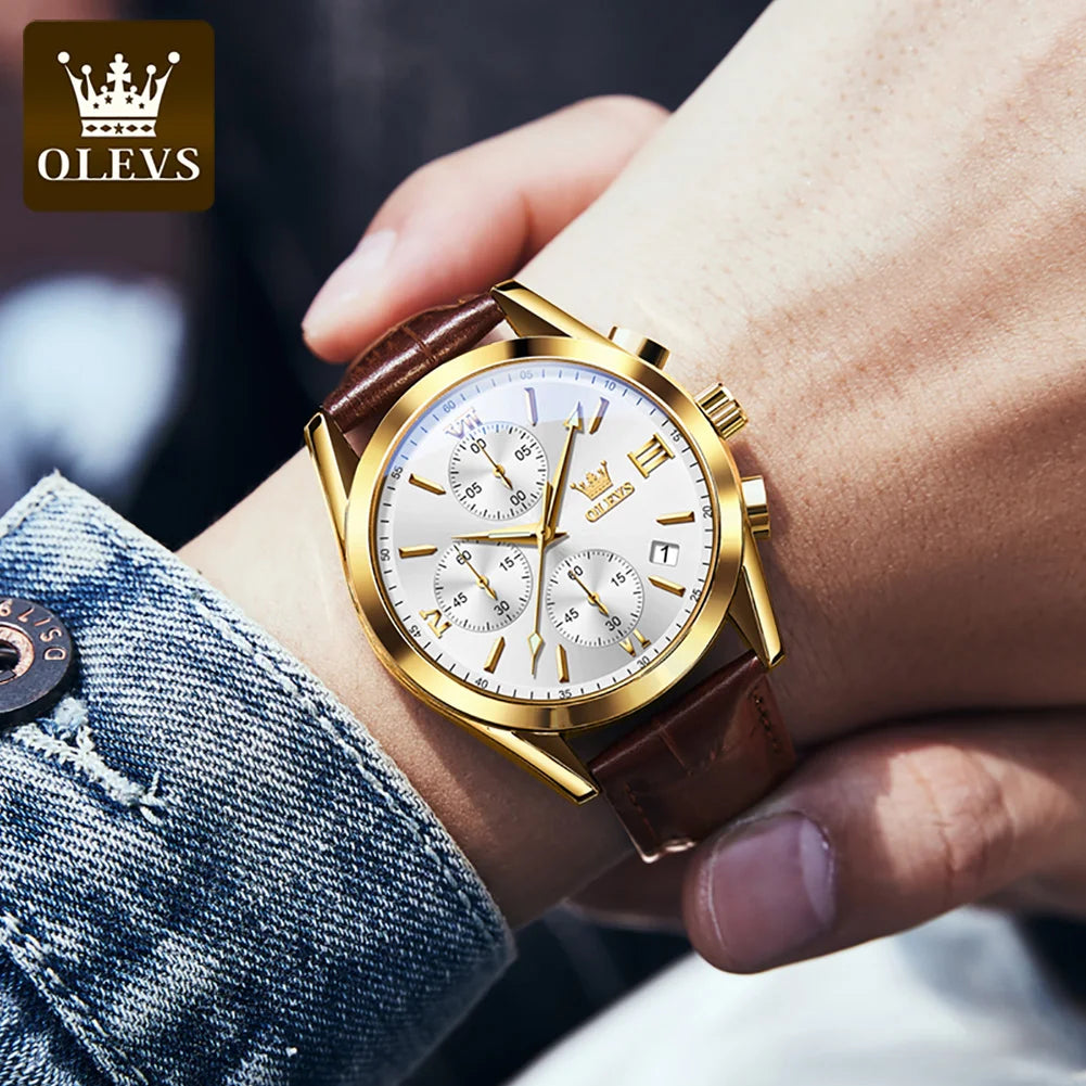 OLEVS 2872 kronografarmbandsur för män – Läderarmband, vattentätt, självlysande visare, kvartsverk, lyxig sportstil