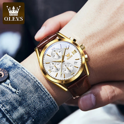 OLEVS 2872 kronografarmbandsur för män – Läderarmband, vattentätt, självlysande visare, kvartsverk, lyxig sportstil
