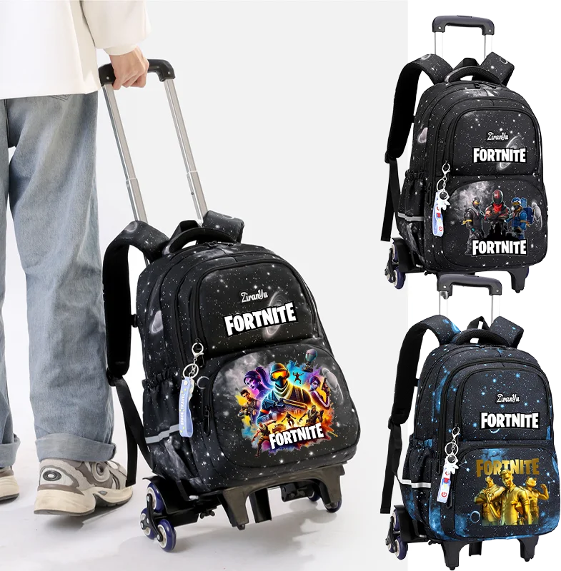 Mochila com Rodas Fortnite Anime, Impermeável, de Grande Capacidade, para Estudante — Saco Escolar Casual de Viagem com Carrinho e Subida Fácil de Escadas