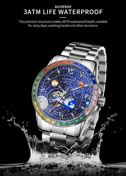 GLENAW New Rotating Earth Mechanical Watch Men Space astronaut dial Night Light Waterproof Stainless Steel Strap Automatic Watch