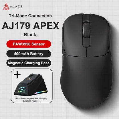 Ajazz AJ179 APEX Wireless Gaming Mouse with Color Screen Base, Bluetooth, PAW3395, 400mAh Battery, 8000Hz Refresh Rate