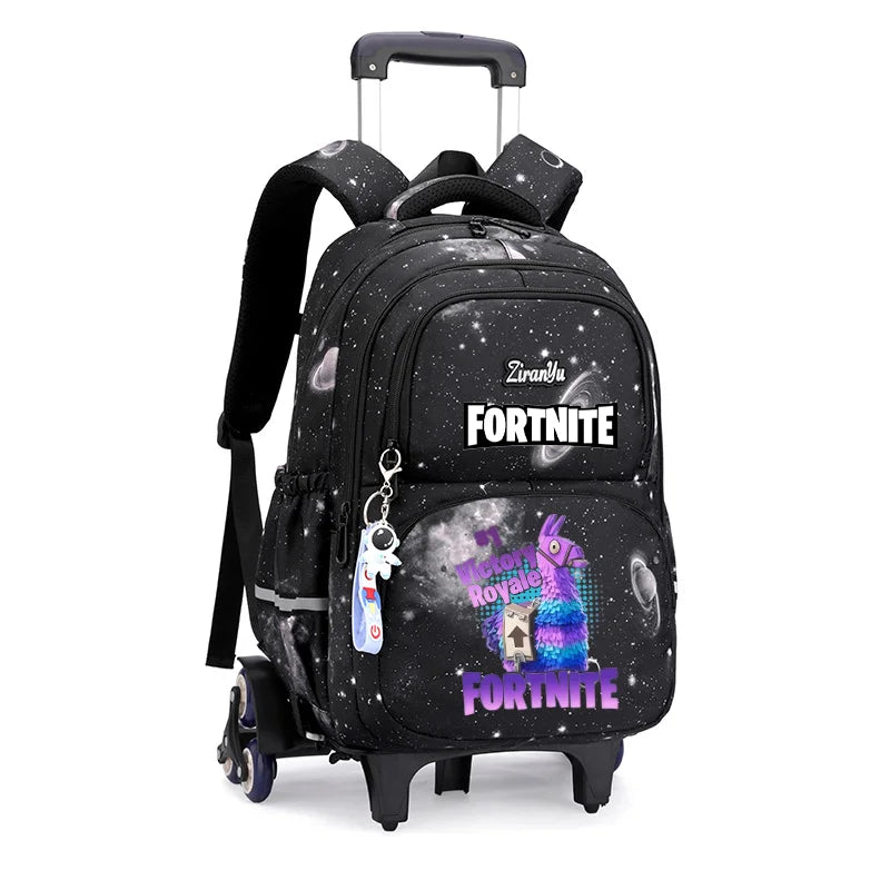 Mochila com Rodas Fortnite Anime, Impermeável, de Grande Capacidade, para Estudante — Saco Escolar Casual de Viagem com Carrinho e Subida Fácil de Escadas