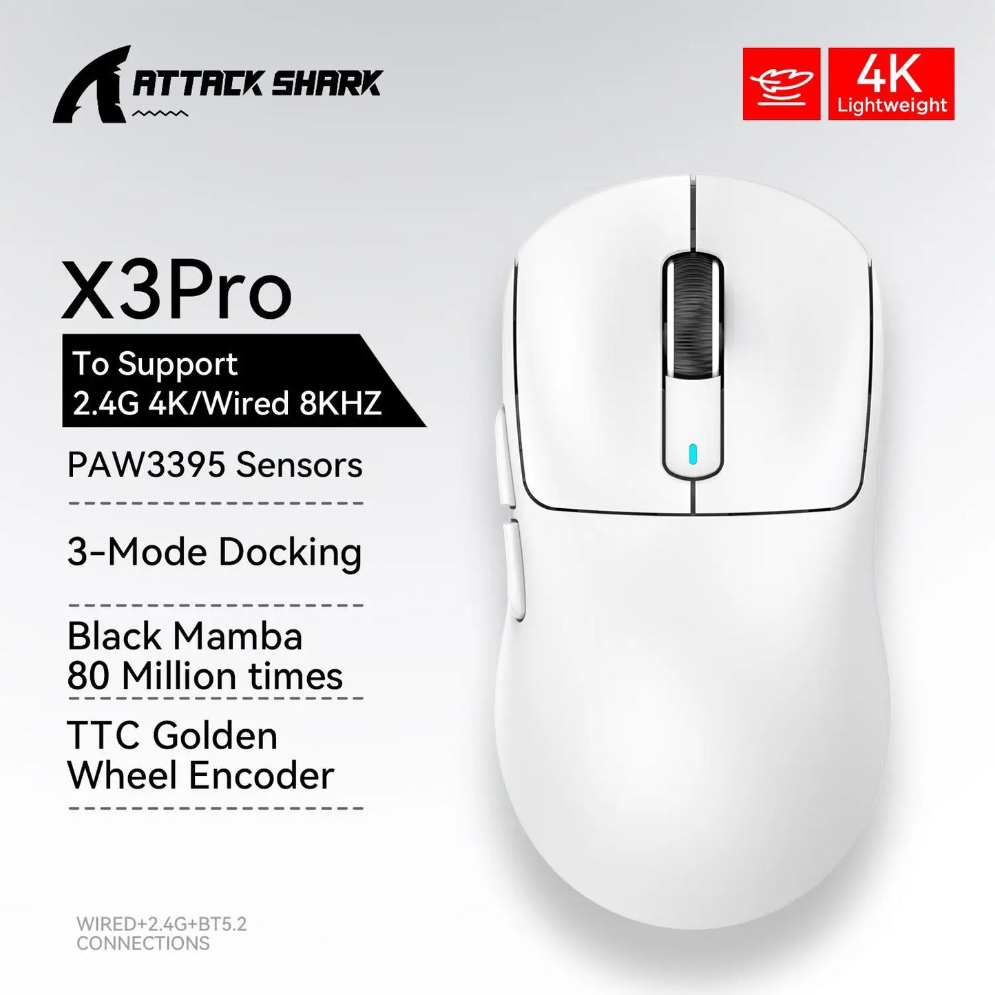 Bezdrátová herní myš X3 ATTACK SHARK v červené barvě, 4K návratnost, Bluetooth tri-mode připojení, PAW3395, makro Bluetooth herní myš