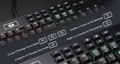 Redragon K550 RGB AZERTY Gaming Keyboard, 104 Keys + 12 Macro Keys, Wired Mechanical Keyboard, Aluminum Top Plate, Clicky Purple Switches, 2 USB Ports, Wrist Rest, Black
