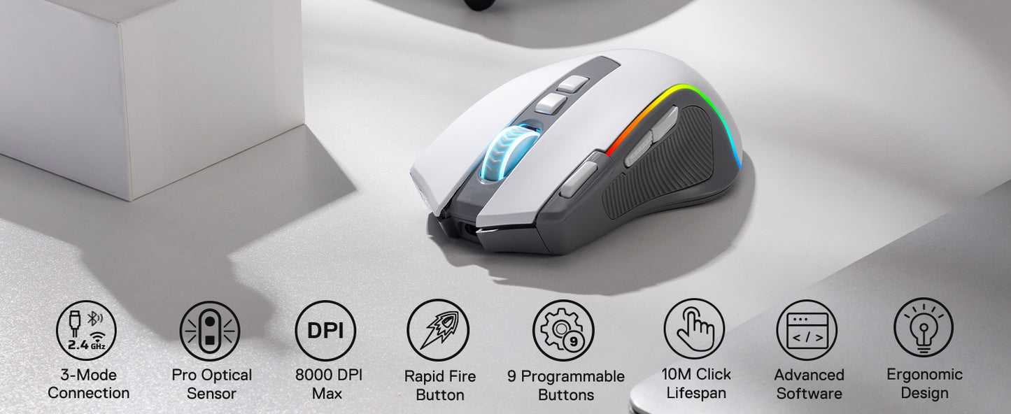 Redragon M612 PRO RGB BT 2.4G Ratón gaming gamer, óptico inalámbrico de 8000 DPI, 9 botones programables, 7 modos de retroiluminación, B