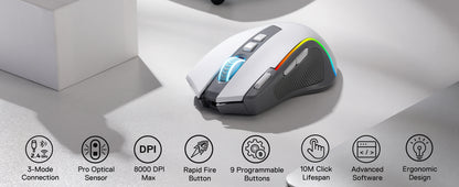 Redragon M612 PRO RGB BT 2.4G Ratón gaming gamer, óptico inalámbrico de 8000 DPI, 9 botones programables, 7 modos de retroiluminación, B