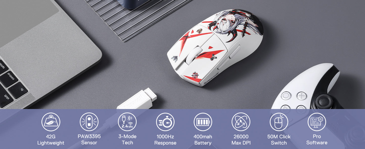 Mouse gaming Redragon M916AK PRO 3-Mode Anime 42G ultraleggero 26K DPI con pulsanti completamente programmabili